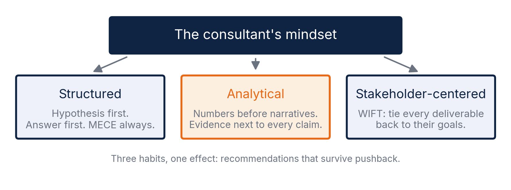 Consulting mindset: structured, analytical, and stakeholder-centered.